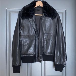 Theory leather bomber jacket w/ removable fur